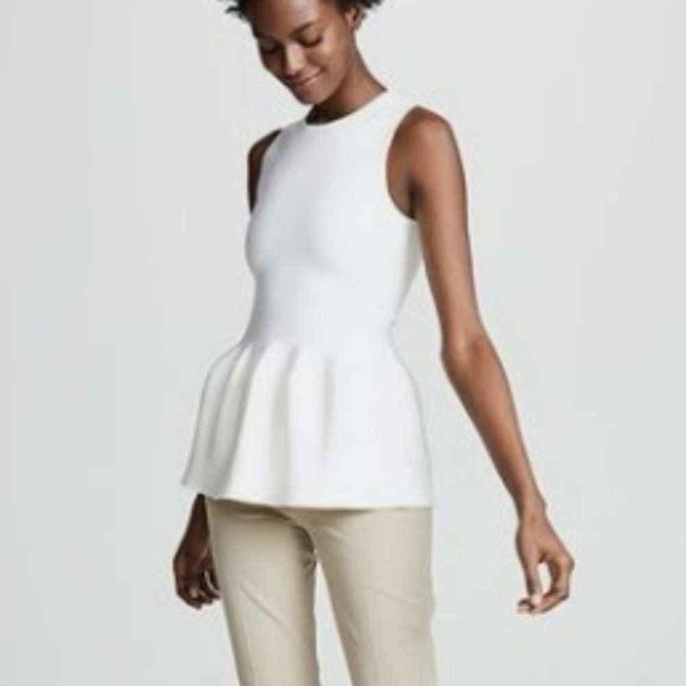 Theory Shaped Shell Ivory Merino Wool Silk Blend Peplum Knit Sweater Top.